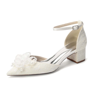 Pointed Toe Lace Bridal Heels With Ankle Strap And Faux Pearl/Flower Detailing