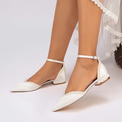 Satin-Effect Pointed Toe Ankle Strap Wedding Heels With Faux Pearls