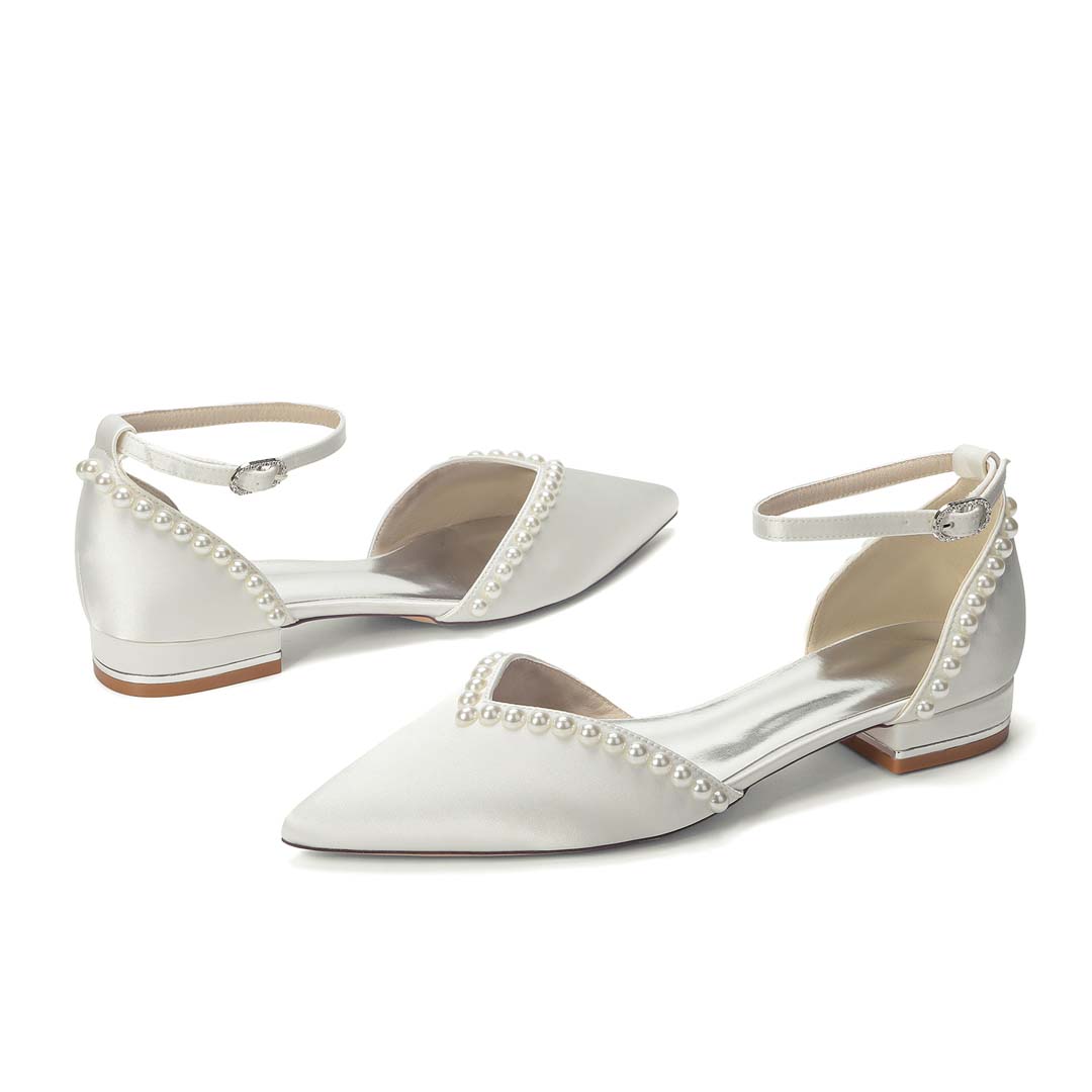 Satin-Effect Pointed Toe Ankle Strap Wedding Heels With Faux Pearls