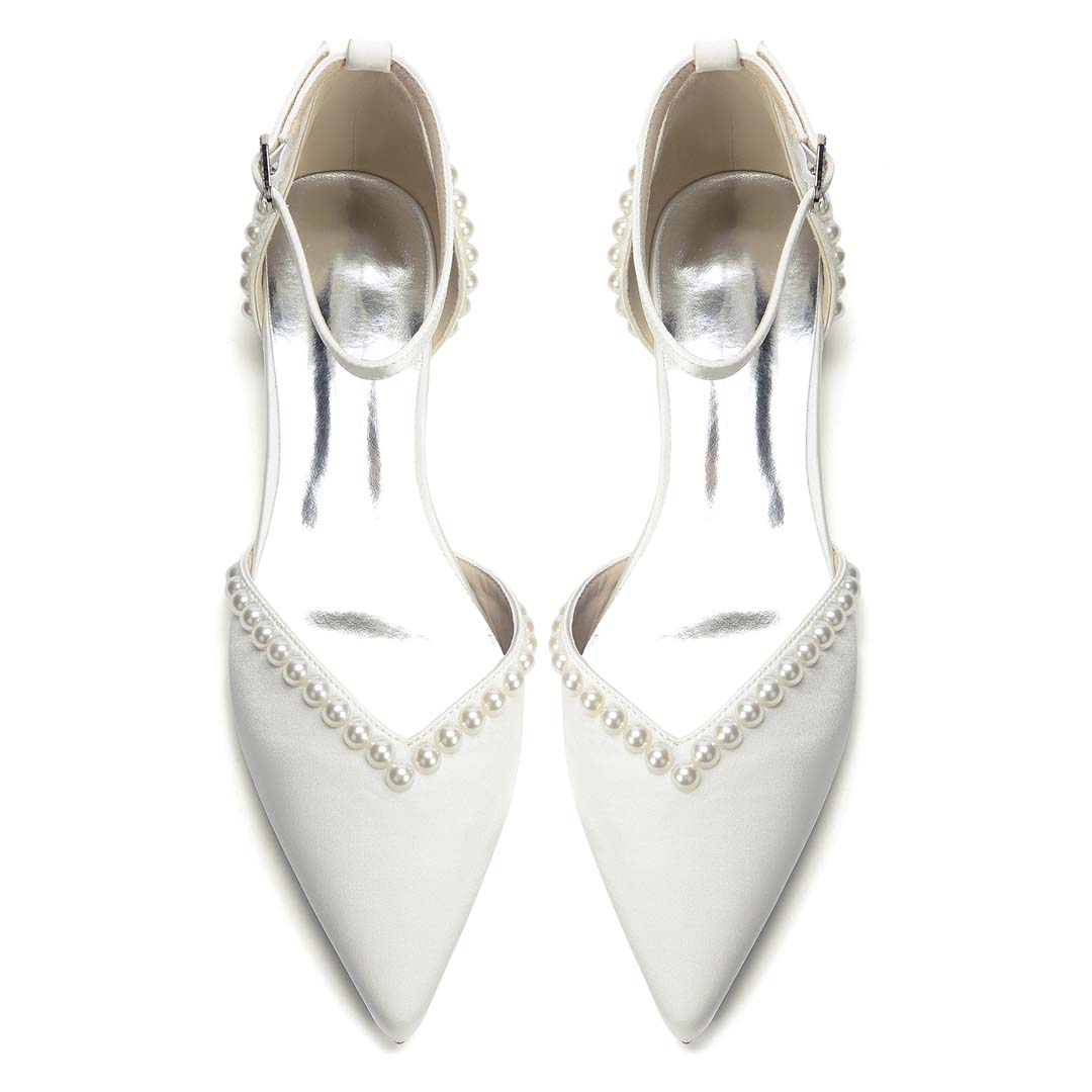 Satin-Effect Pointed Toe Ankle Strap Wedding Heels With Faux Pearls