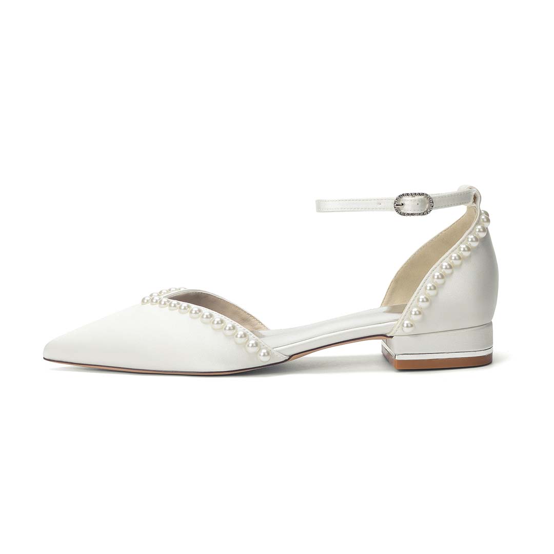 Satin-Effect Pointed Toe Ankle Strap Wedding Heels With Faux Pearls