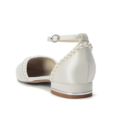 Satin-Effect Pointed Toe Ankle Strap Wedding Heels With Faux Pearls