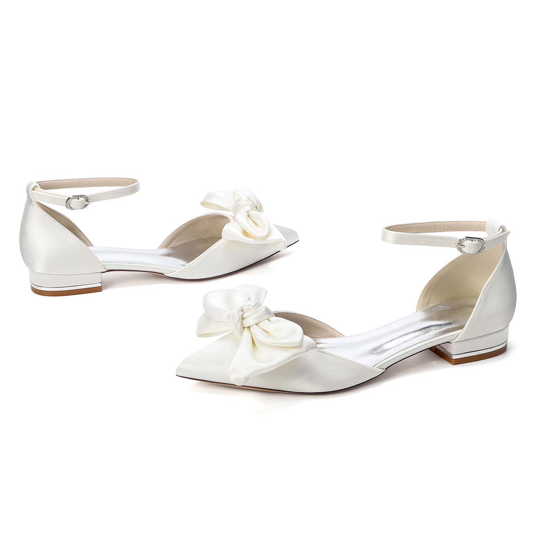 Pointed Toe Satin Bridal Heels With Ankle Strap And Bow