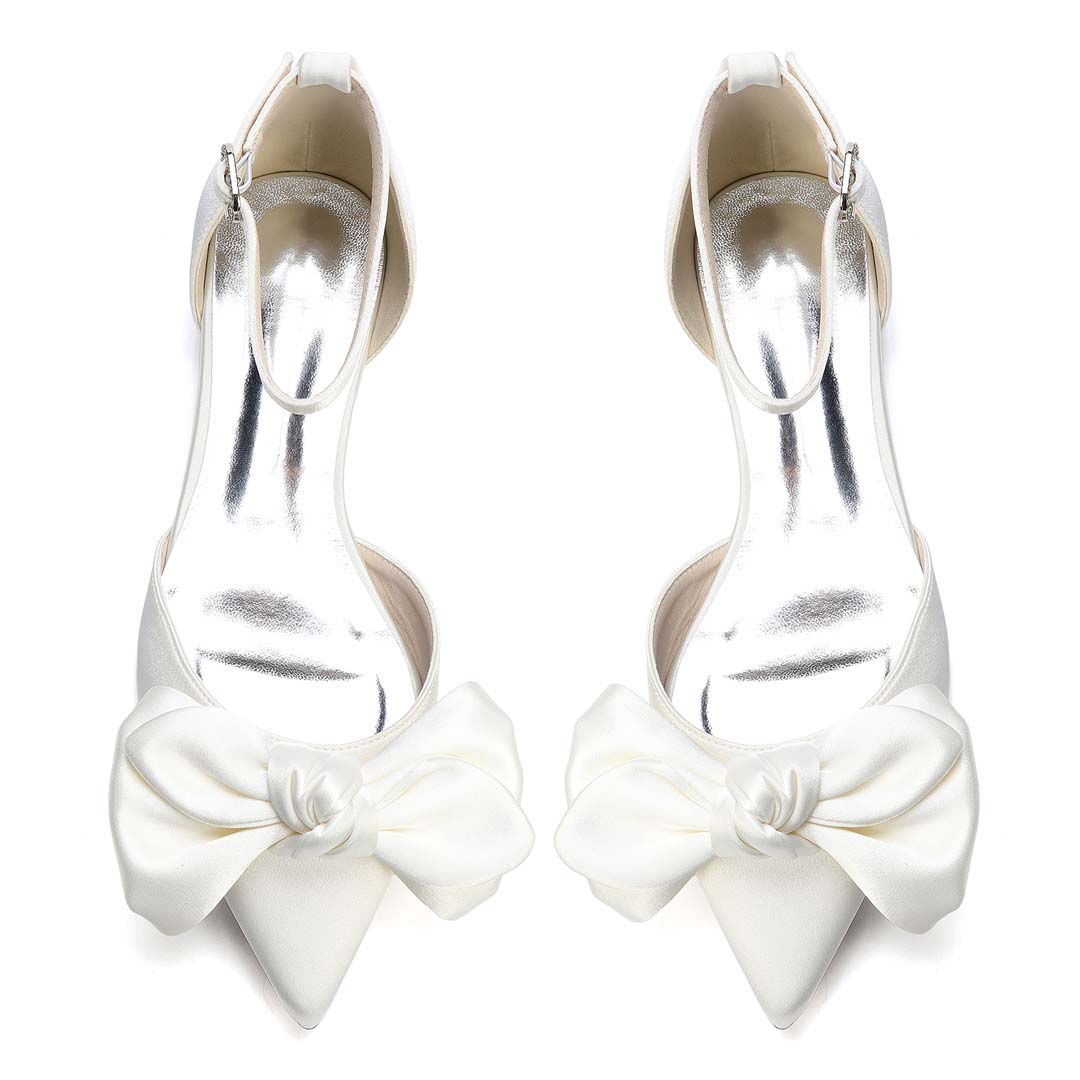 Pointed Toe Satin Bridal Heels With Ankle Strap And Bow