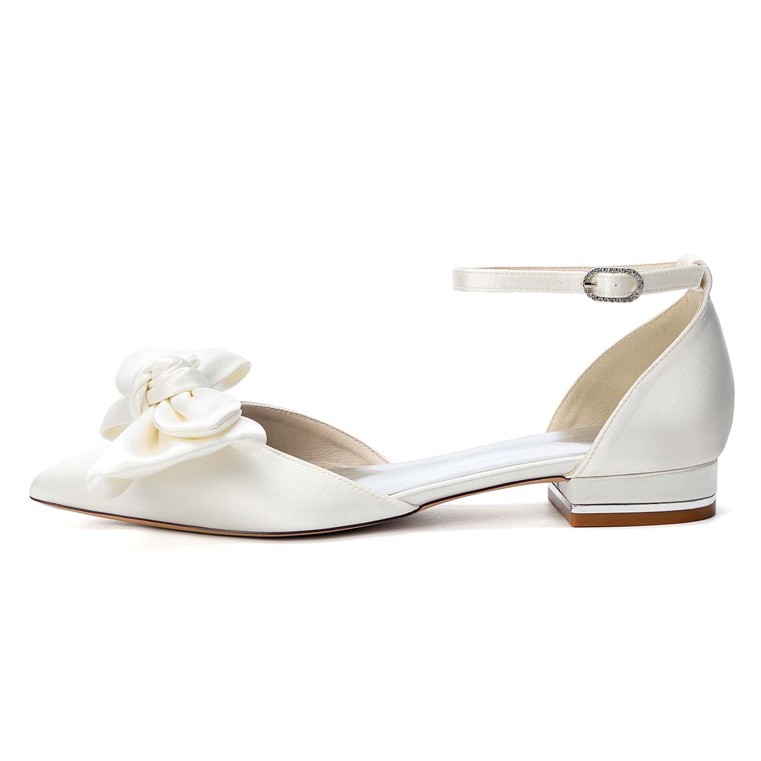 Pointed Toe Satin Bridal Heels With Ankle Strap And Bow
