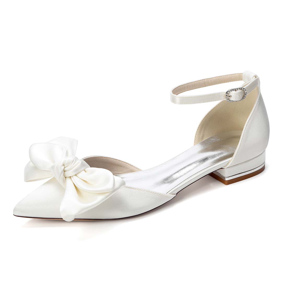 Pointed Toe Satin Bridal Heels With Ankle Strap And Bow