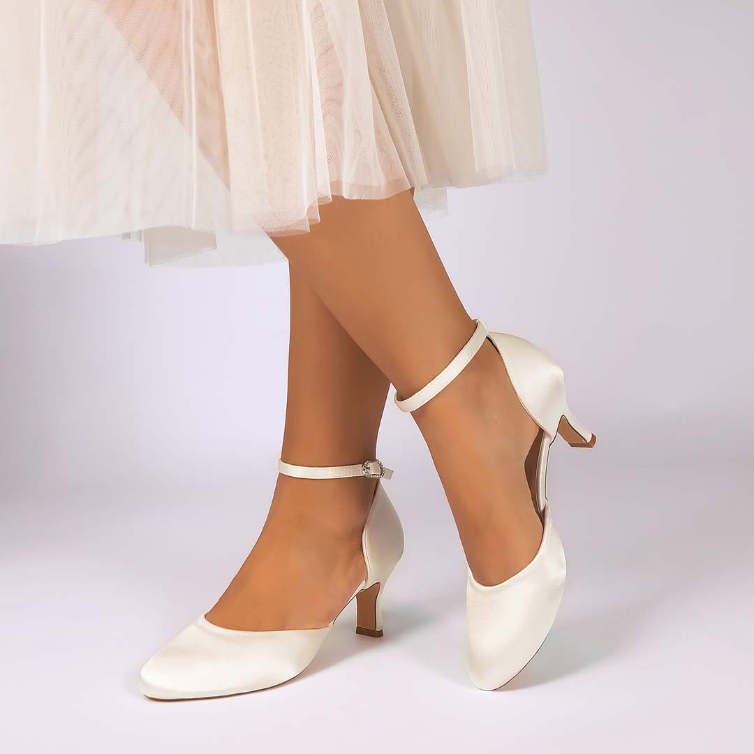 Round Toe Satin-Effect Ankle Strap Wedding Heels