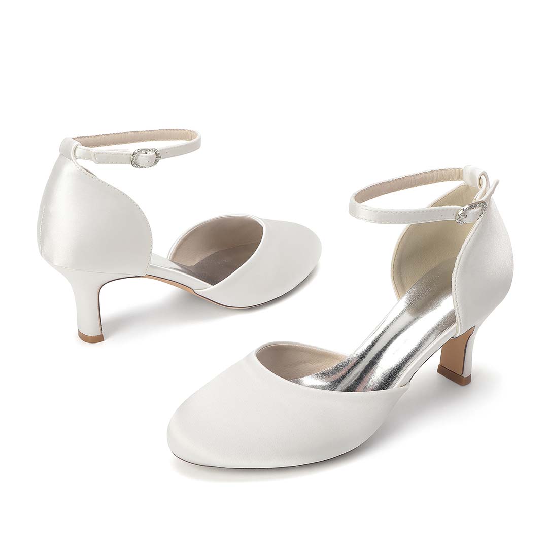 Round Toe Satin-Effect Ankle Strap Wedding Heels
