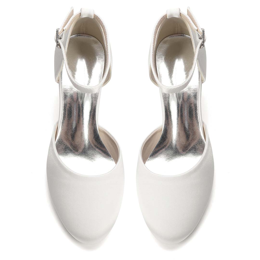 Round Toe Satin-Effect Ankle Strap Wedding Heels