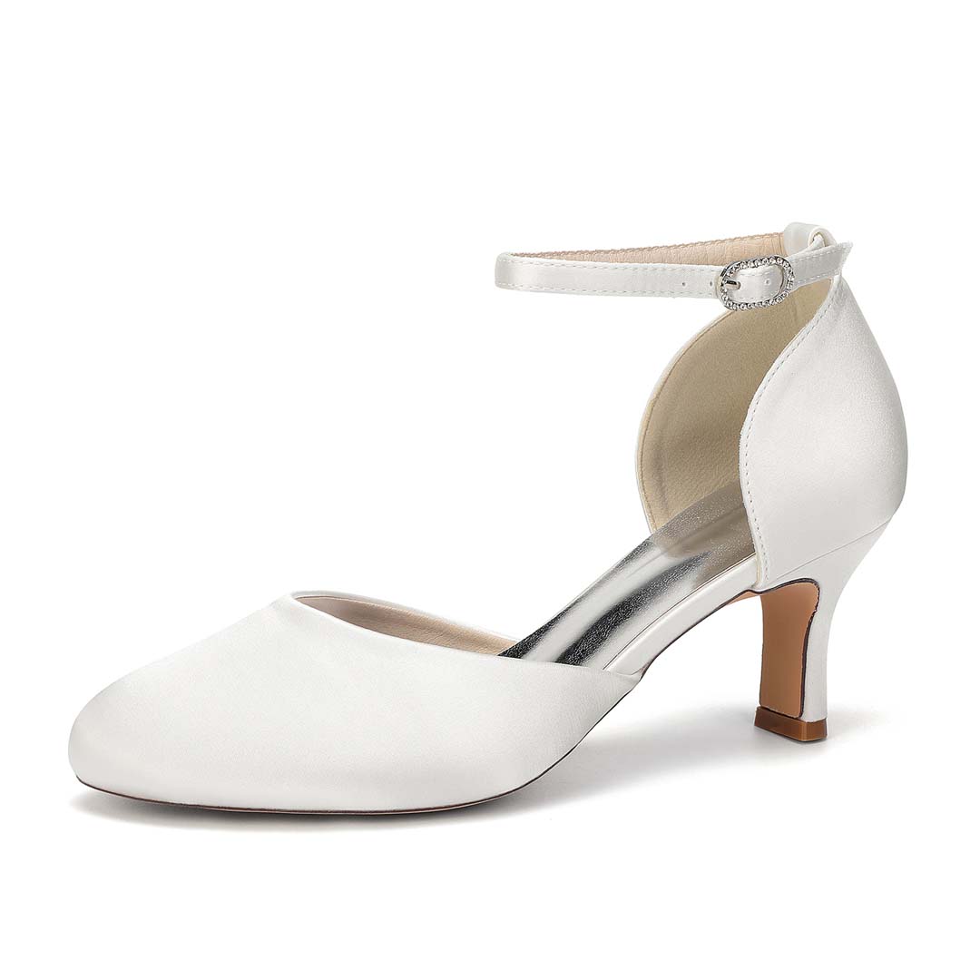 Round Toe Satin-Effect Ankle Strap Wedding Heels