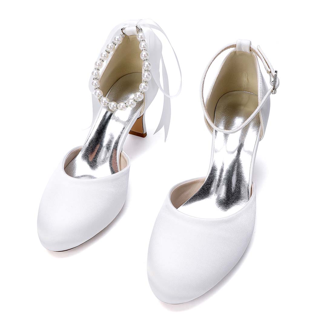 Ankle Strap Silky Satin Round Toe Bridal Shoes With Faux Pearls And Bow
