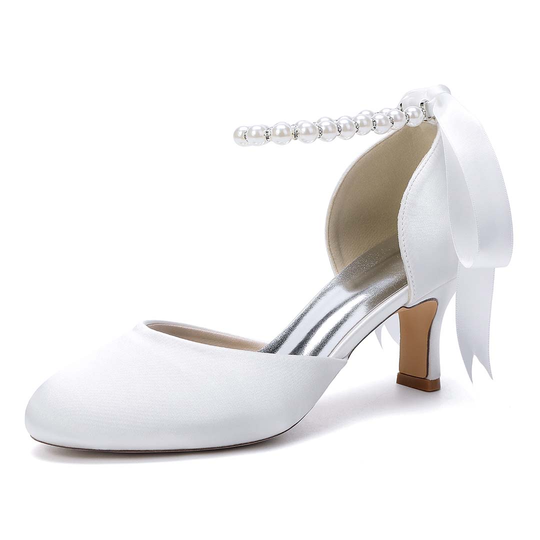 Ankle Strap Silky Satin Round Toe Bridal Shoes With Faux Pearls And Bow