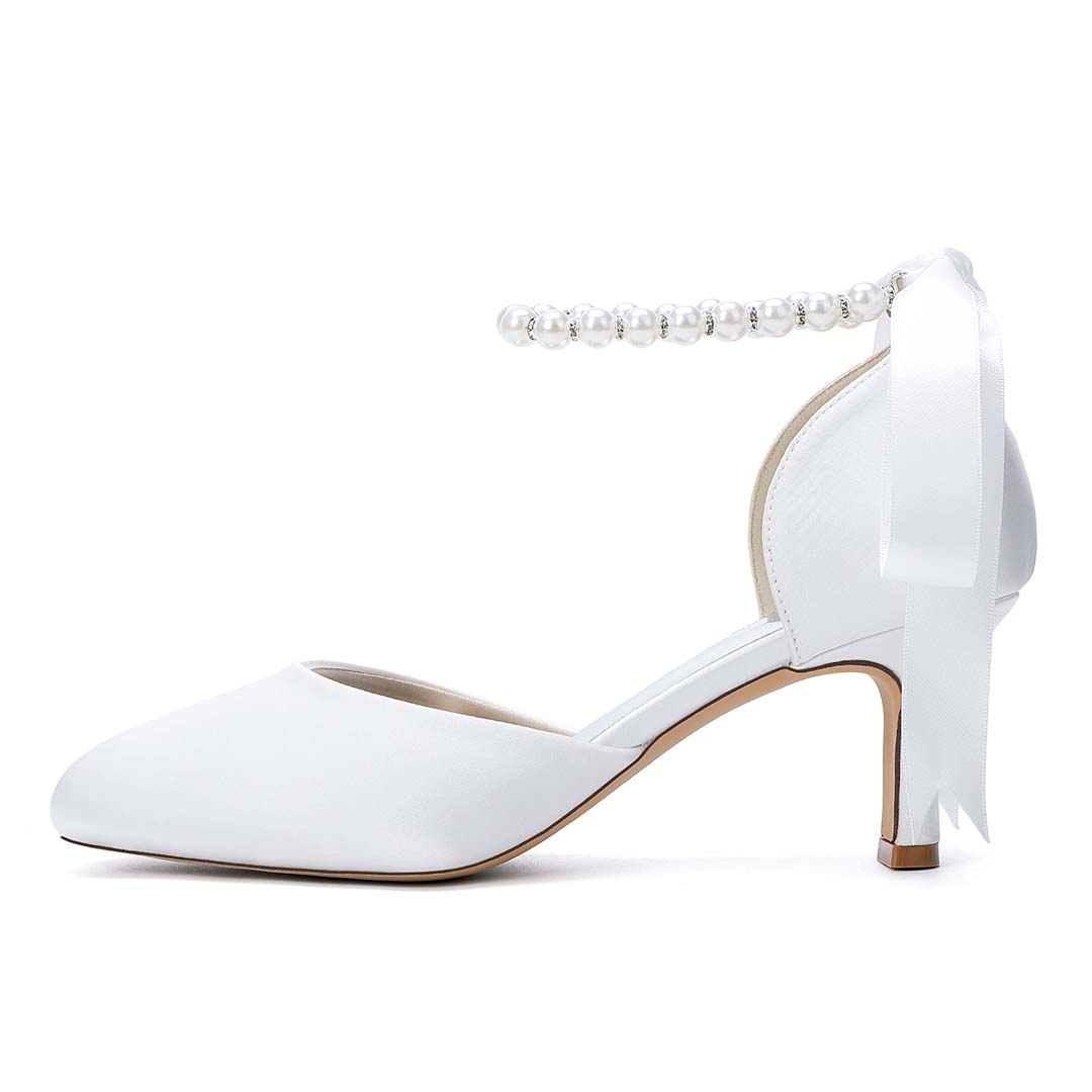 Ankle Strap Silky Satin Round Toe Bridal Shoes With Faux Pearls And Bow