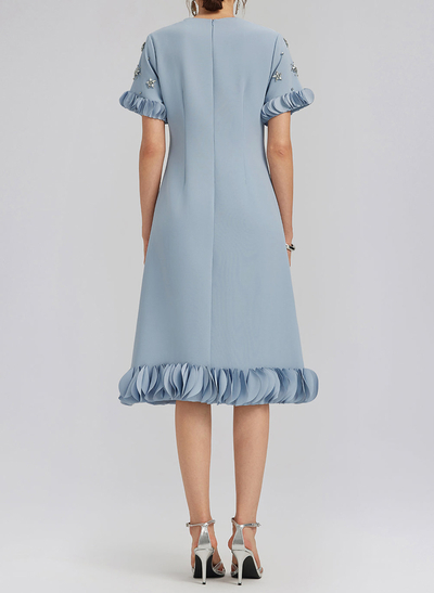 A-Line Scoop Neck Short Sleeves Knee-Length Elastic Satin Cocktail Dresses With Beading