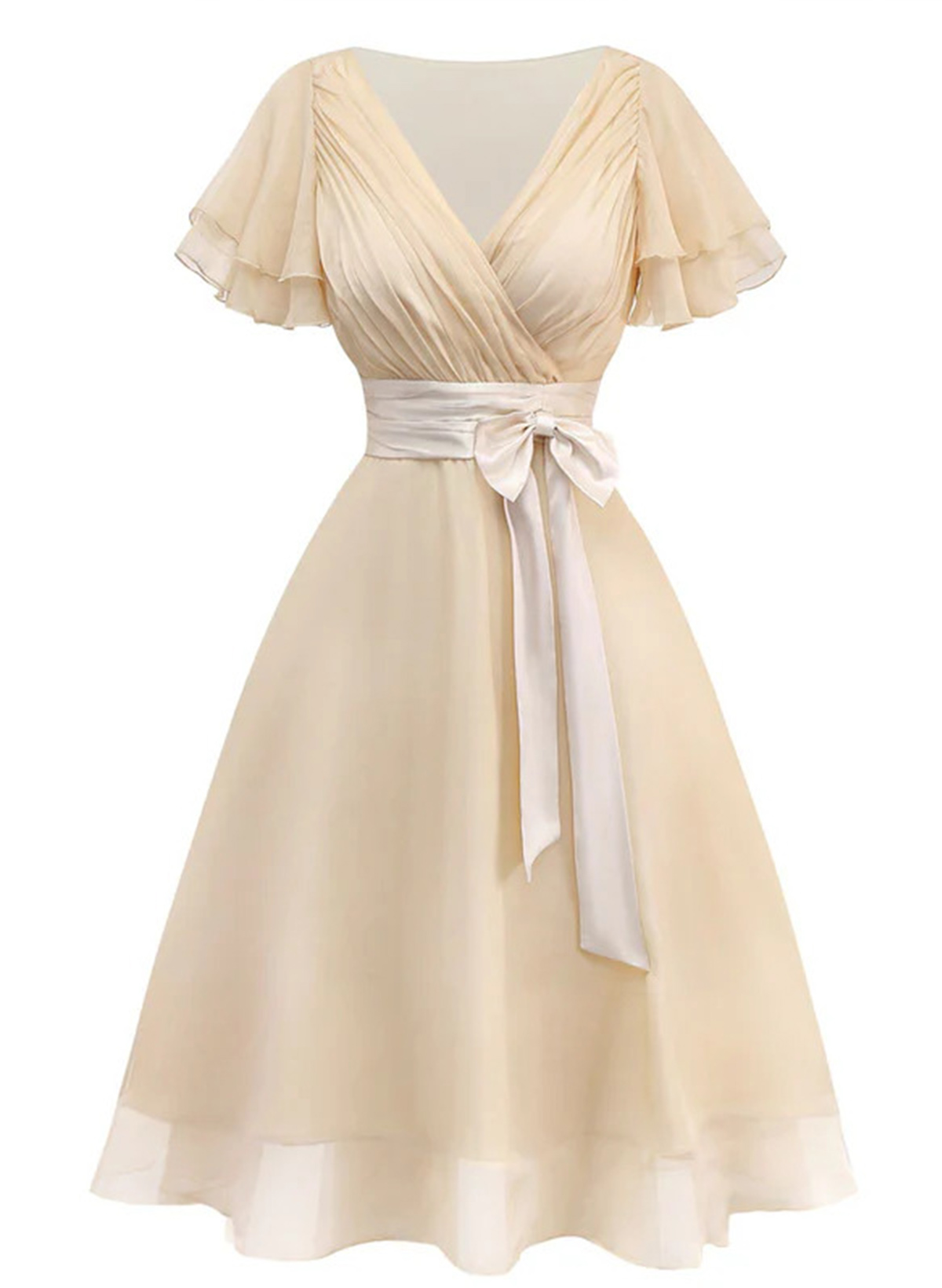 A-Line Plunge Neck Sleeveless Knee-Length Evening Dresses With Bow(s)