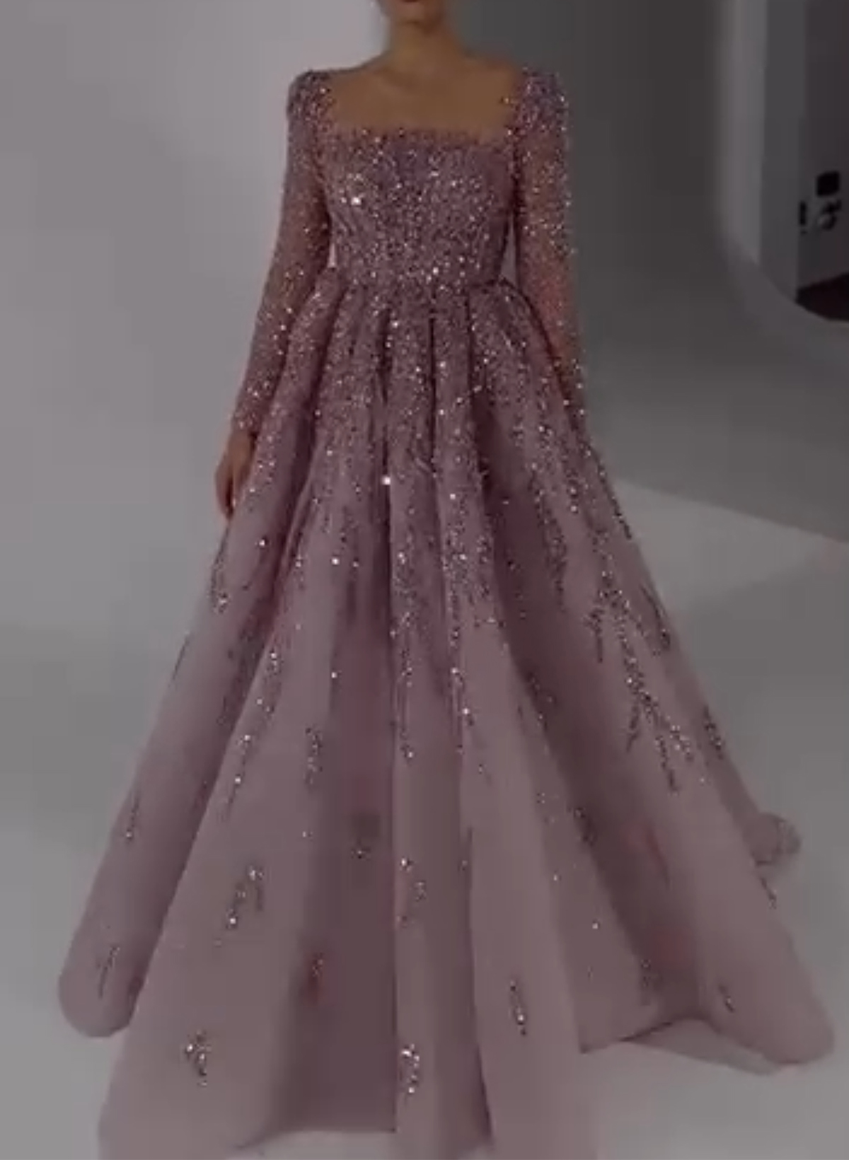 Ball-Gown Square Neckline Long Sleeves Floor-Length Lace/Satin Evening Dresses With Beading