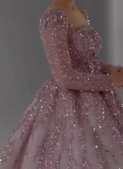 Ball-Gown Square Neckline Long Sleeves Floor-Length Lace/Satin Evening Dresses With Beading