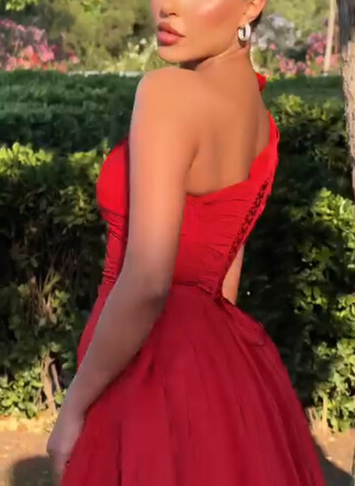 A-Line One-Shoulder Sleeveless Sweep Train Taffeta Evening Dresses With Split Front/Flower(s)
