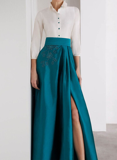 A-Line High Neck 3/4 Sleeves Floor-Length Taffeta Evening Dresses With Split Front