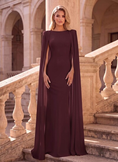 Sheath Column Scoop Neck Cape Sleeves Floor-Length Elastic Satin Evening Dresses