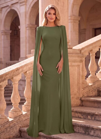 Sheath Column Scoop Neck Cape Sleeves Floor-Length Elastic Satin Evening Dresses