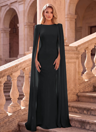 Sheath Column Scoop Neck Cape Sleeves Floor-Length Elastic Satin Evening Dresses