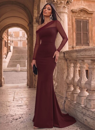 Sheath/Column Asymmetrical Long Sleeves Sweep Train Tulle/Elastic Satin Evening Dresses