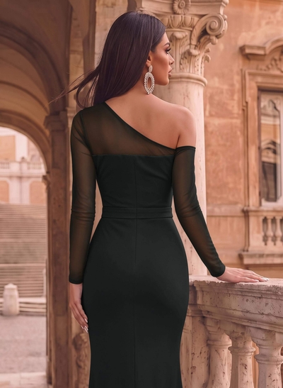 Sheath/Column Asymmetrical Long Sleeves Sweep Train Tulle/Elastic Satin Evening Dresses