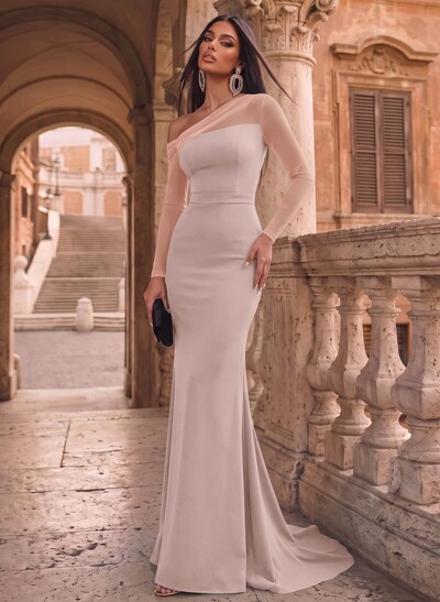 Sheath/Column Asymmetrical Long Sleeves Sweep Train Tulle/Elastic Satin Evening Dresses