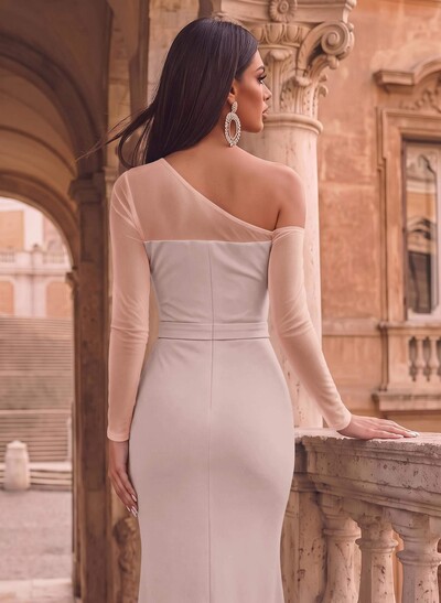 Sheath/Column Asymmetrical Long Sleeves Sweep Train Tulle/Elastic Satin Evening Dresses