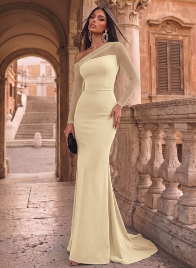 Sheath/Column Asymmetrical Long Sleeves Sweep Train Tulle/Elastic Satin Evening Dresses