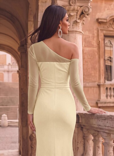 Sheath/Column Asymmetrical Long Sleeves Sweep Train Tulle/Elastic Satin Evening Dresses