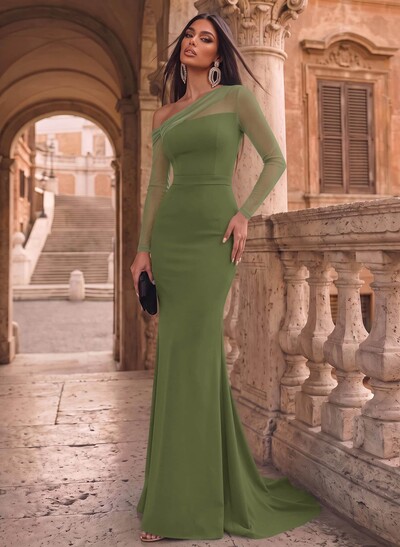 Sheath/Column Asymmetrical Long Sleeves Sweep Train Tulle/Elastic Satin Evening Dresses