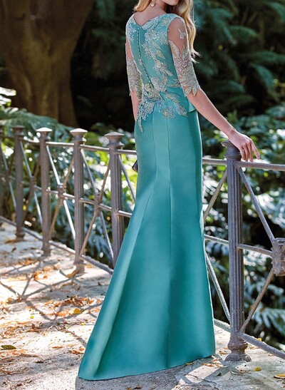 Trumpet/Mermaid V-Neck 1/2 Sleeves Floor-Length Satin Evening Dresses With Lace