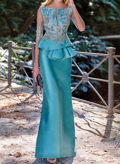 Trumpet/Mermaid V-Neck 1/2 Sleeves Floor-Length Satin Evening Dresses With Lace