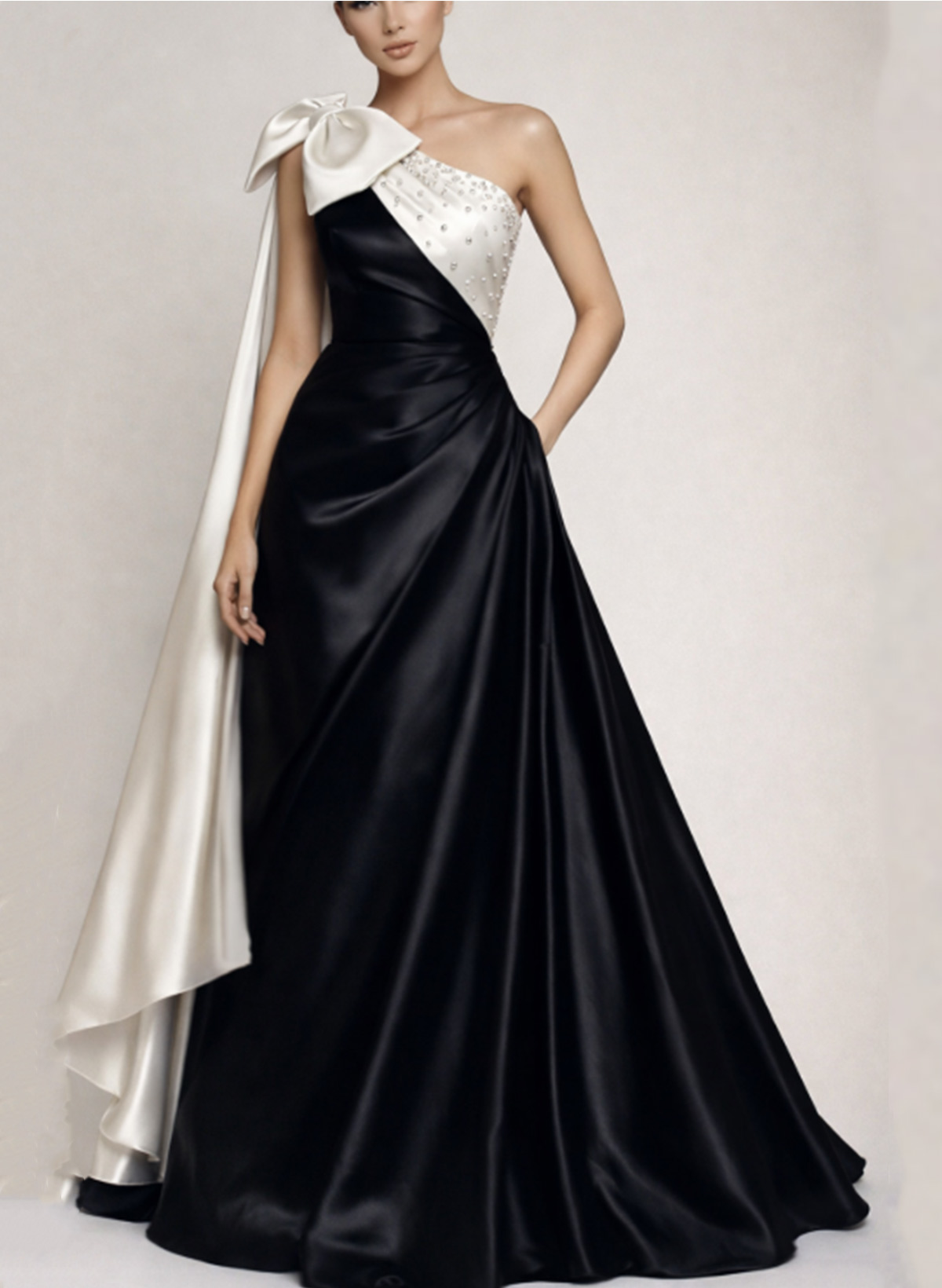 A-Line One-Shoulder Sleeveless Floor-Length Satin Evening Dresses With Bow(s)