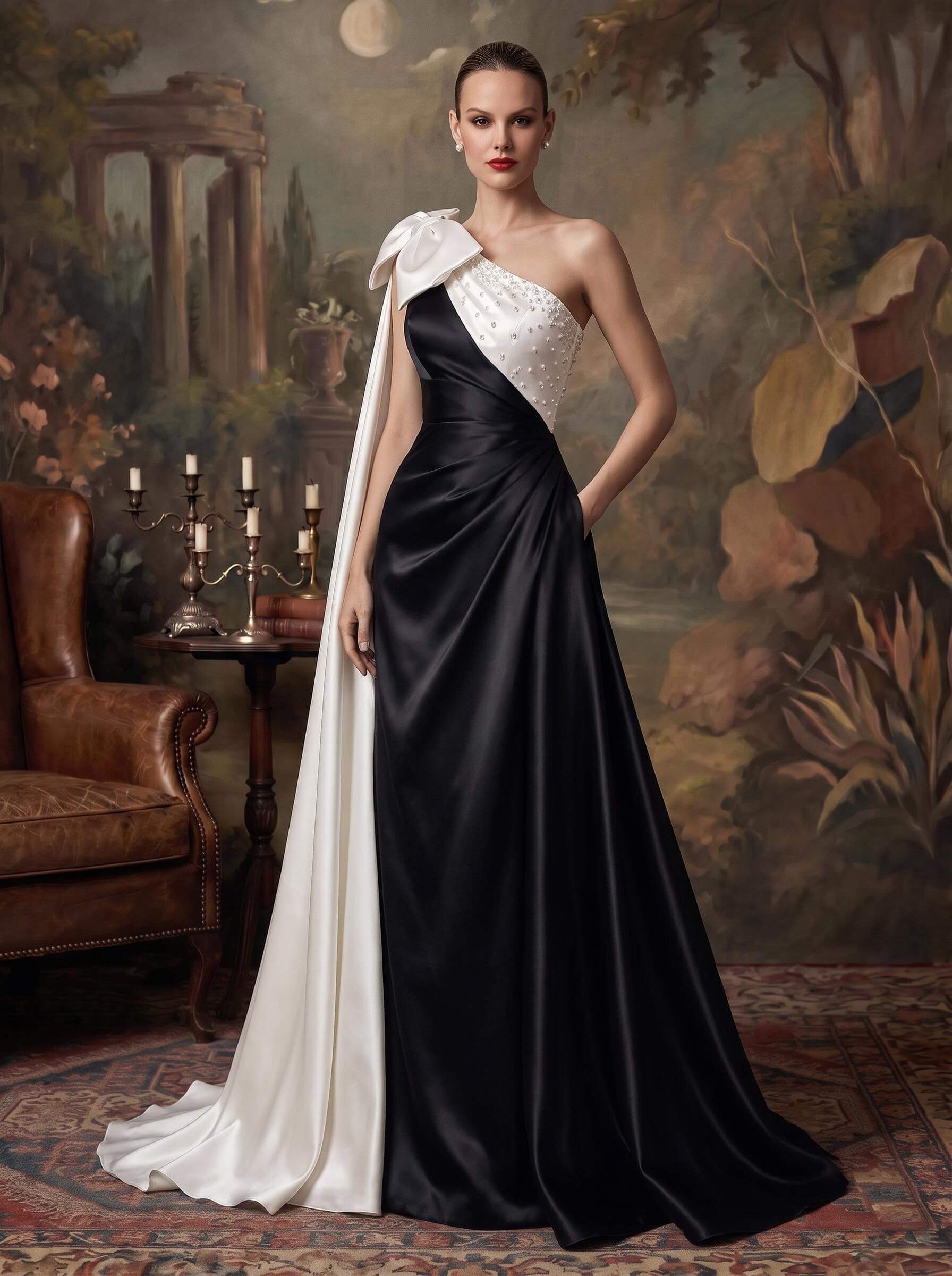 A-Line One-Shoulder Sleeveless Floor-Length Satin Evening Dresses With Bow(s) A-Line One-Shoulder Sleeveless Floor-Length Satin Evening Dresses With Bow(s)