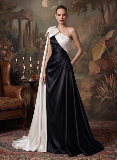 A-Line One-Shoulder Sleeveless Floor-Length Satin Evening Dresses With Bow(s)
