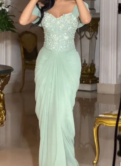 Off-The-Shoulder Sleeveless Floor-Length Chiffon Evening Dresses With Beading/Lace