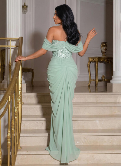 Off-The-Shoulder Sleeveless Floor-Length Chiffon Evening Dresses With Beading/Lace
