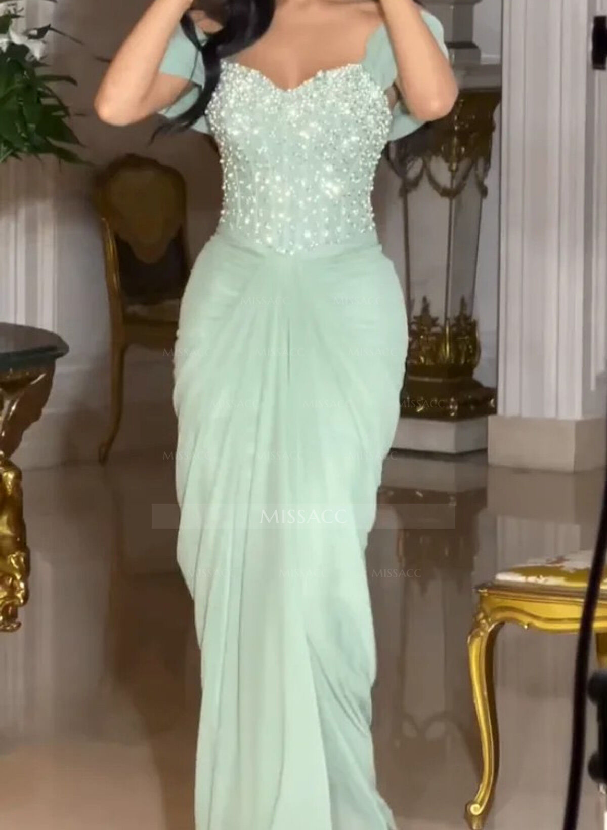 Off-The-Shoulder Sleeveless Floor-Length Chiffon Evening Dresses With Beading/Lace