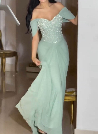 Off-The-Shoulder Sleeveless Floor-Length Chiffon Evening Dresses With Beading/Lace
