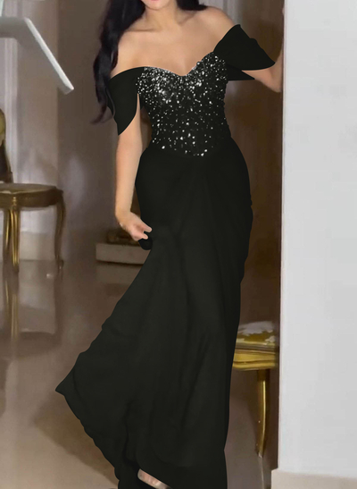 Off-The-Shoulder Sleeveless Floor-Length Chiffon Evening Dresses With Beading/Lace