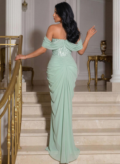 Off-The-Shoulder Sleeveless Floor-Length Chiffon Evening Dresses With Beading/Lace