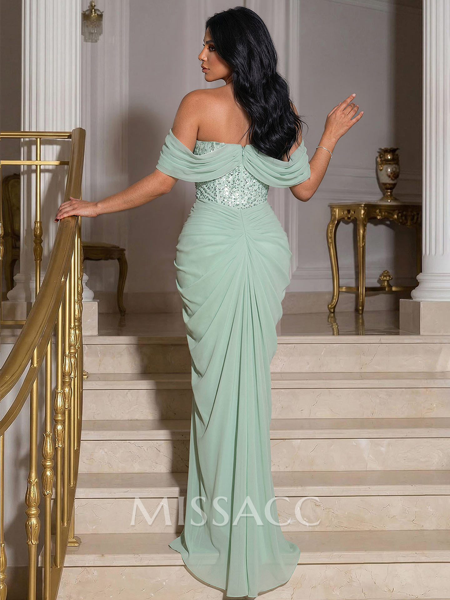 Off-The-Shoulder Sleeveless Floor-Length Chiffon Evening Dresses With Beading/Lace Off-The-Shoulder Sleeveless Floor-Length Chiffon Evening Dresses With Beading/Lace