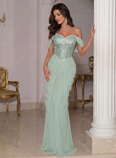 Off-The-Shoulder Sleeveless Floor-Length Chiffon Evening Dresses