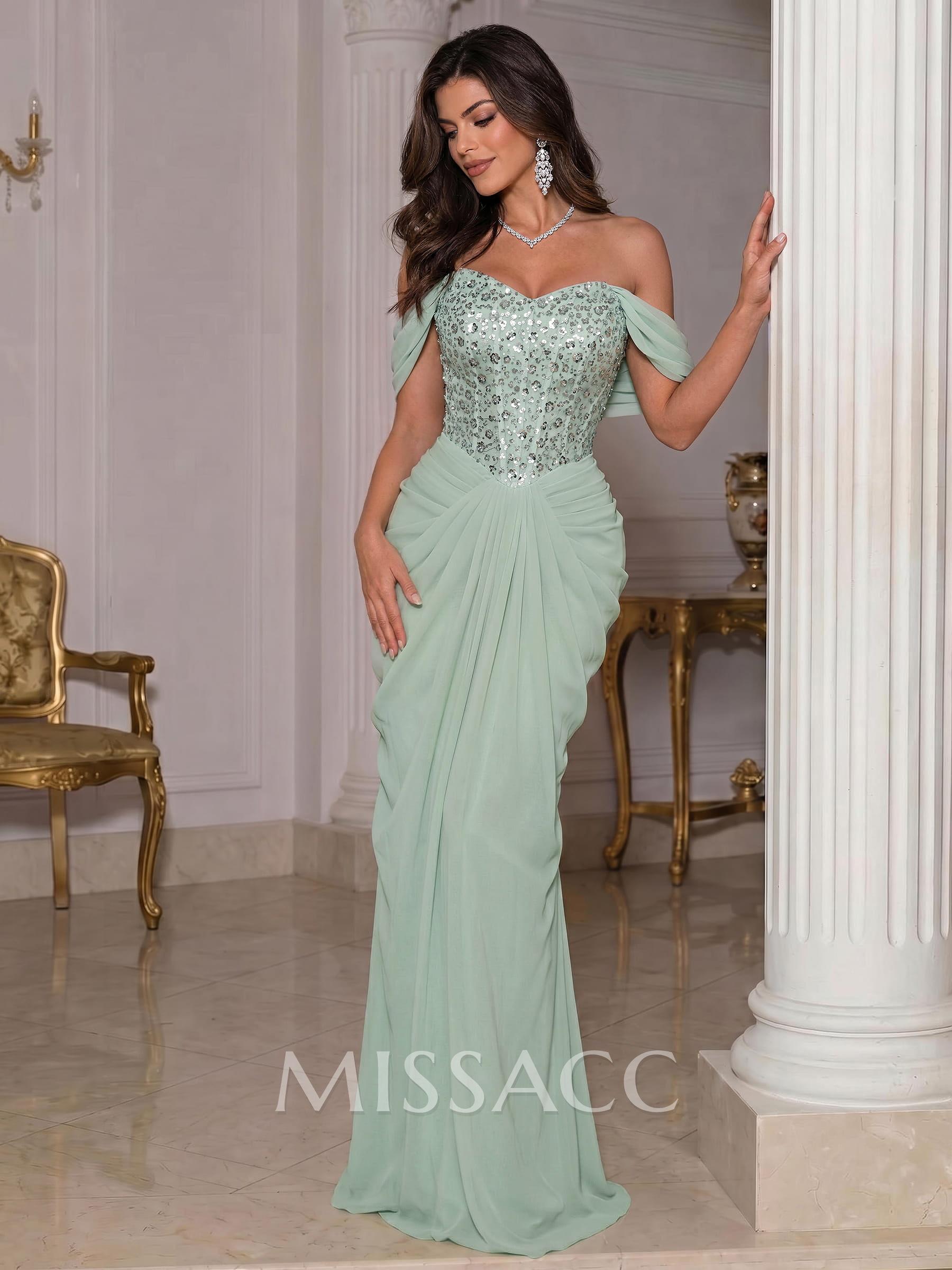 Off-The-Shoulder Sleeveless Floor-Length Chiffon Evening Dresses Off-The-Shoulder Sleeveless Floor-Length Chiffon Evening Dresses