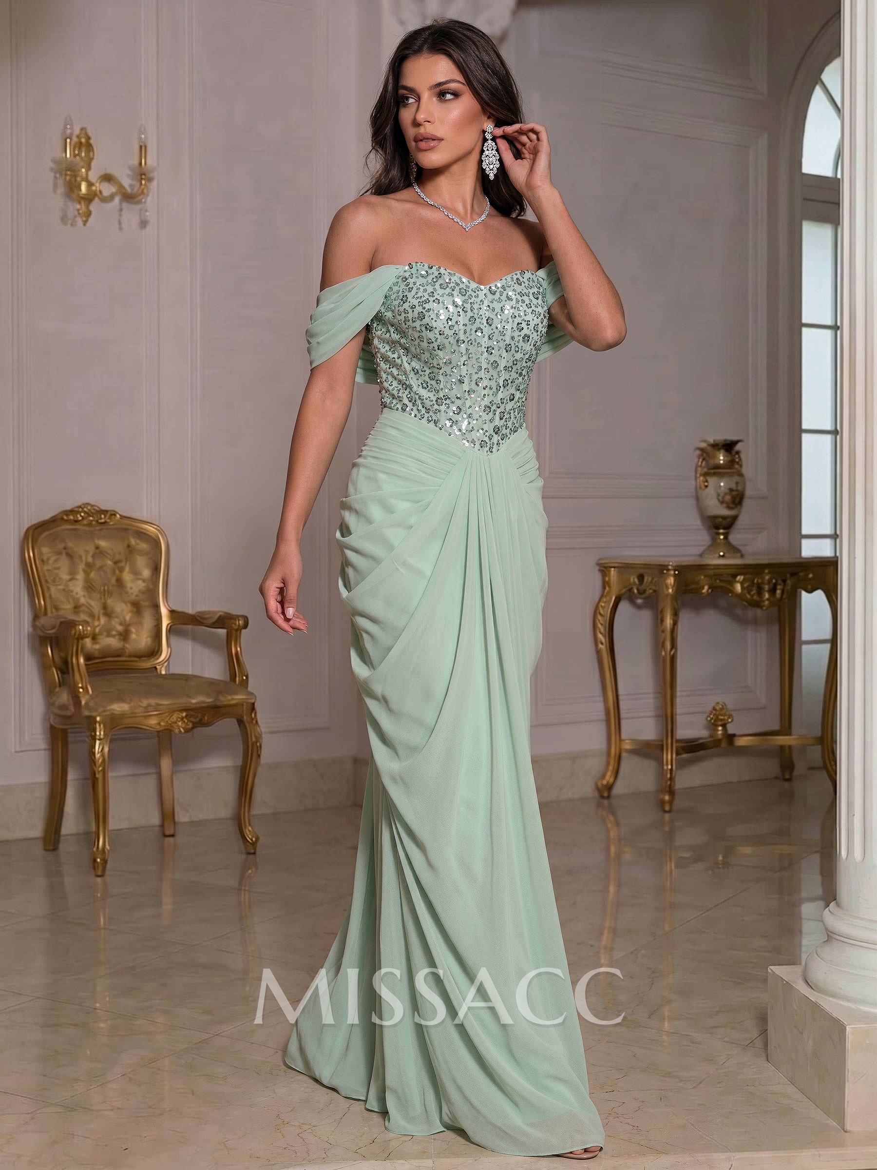 Off-The-Shoulder Sleeveless Floor-Length Chiffon Evening Dresses Off-The-Shoulder Sleeveless Floor-Length Chiffon Evening Dresses