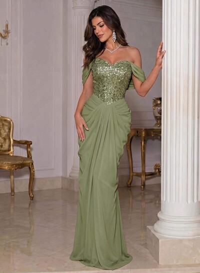 Off-The-Shoulder Sleeveless Floor-Length Chiffon Evening Dresses