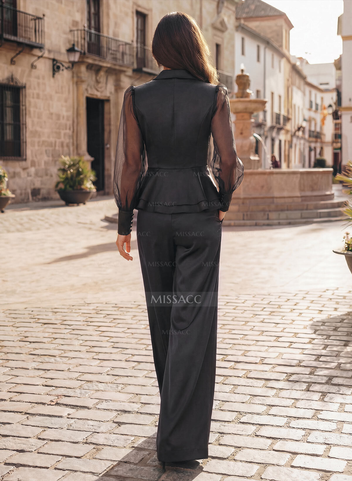 Jumpsuit/Pantsuit V-Neck Long Sleeves Floor-Length Crepe Satin Evening Dresses With Ruffle